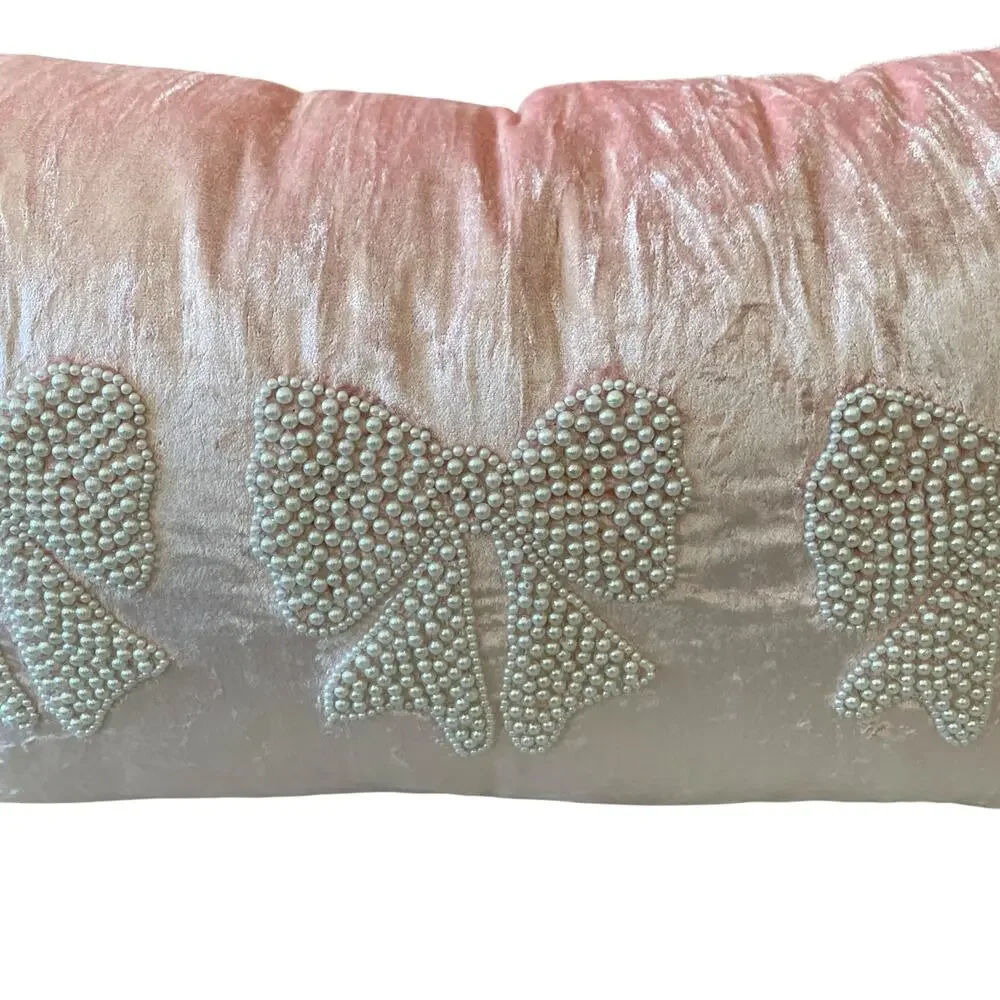 Magaschoni Beaded Faux Pearl Bows on Pink Velvet Decorative Pillow 14x20 New
